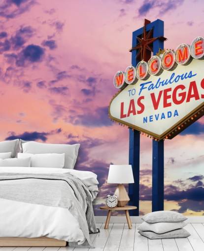 mural de papel de parede de las vegas personalizável rosa e azul chamado Welcome to Las Vegas Sign para escritórios domésticos, quartos e empresas
