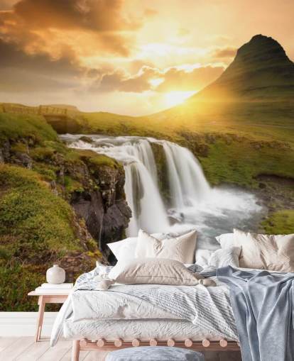 carta da parati murale personalizzabile con cascata arancione e verde chiamata Icelandic Waterfall Sunset per spa, camere da letto e bagni