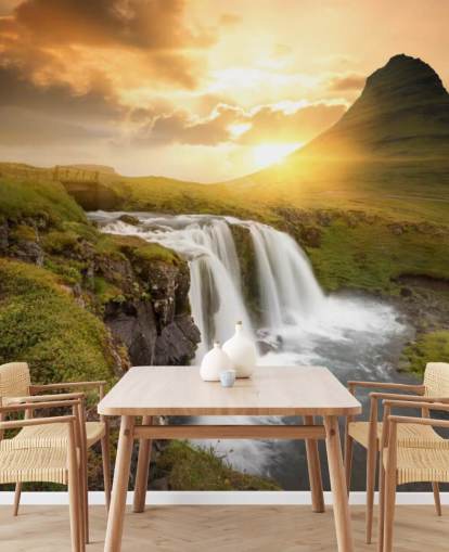 oransje og grønn tilpassbar foss tapetmaleri kalt Icelandic Waterfall Sunset for spa, soverom og bad oransje og grønn tilpassbar foss tapetmaleri kalt Icelandic Waterfall Sunset for spa, soverom og bad