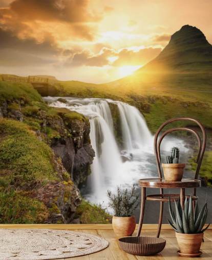 orange och grön anpassningsbar vattenfall tapetväggmålning kallad Icelandic Waterfall Sunset för spa, sovrum och badrum orange och grön anpassningsbar vattenfall tapetväggmålning kallad Icelandic Waterfall Sunset för spa, sovrum och badrum