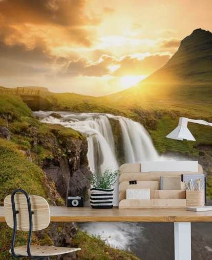 mural de papel pintado de cascada personalizable naranja y verde llamado Icelandic Waterfall Sunset para spas, dormitorios y baños