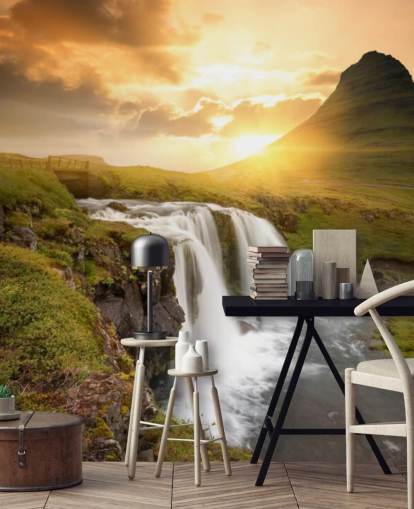 orange och grön anpassningsbar vattenfall tapetväggmålning kallad Icelandic Waterfall Sunset för spa, sovrum och badrum