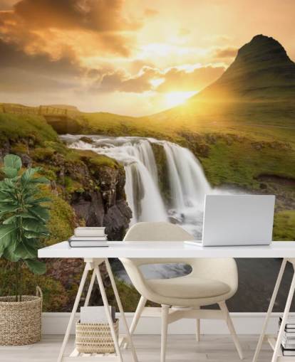 orange and green customizable waterfall wallpaper mural called Icelandic Waterfall Sunset for spas, bedrooms and bathrooms