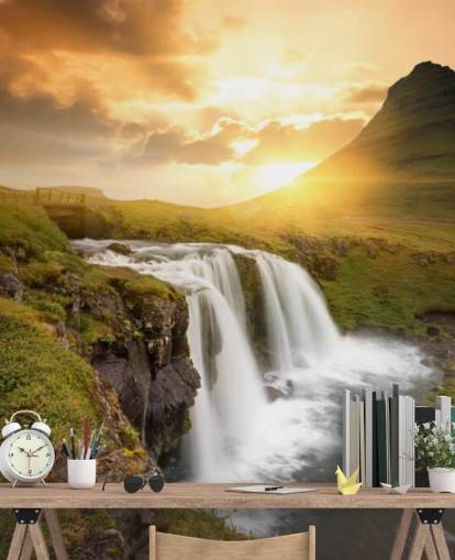 mural de papel de parede de cachoeira personalizável em laranja e verde chamado Icelandic Waterfall Sunset para spas, quartos e banheiros