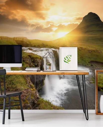 mural de papel de parede de cachoeira personalizável em laranja e verde chamado Icelandic Waterfall Sunset para spas, quartos e banheiros mural de papel de parede de cachoeira personalizável em laranja e verde chamado Icelandic Waterfall Sunset para spas, quartos e banheiros