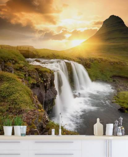 carta da parati murale personalizzabile con cascata arancione e verde chiamata Icelandic Waterfall Sunset per spa, camere da letto e bagni