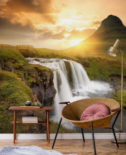 mural de papel pintado de cascada personalizable naranja y verde llamado Icelandic Waterfall Sunset para spas, dormitorios y baños