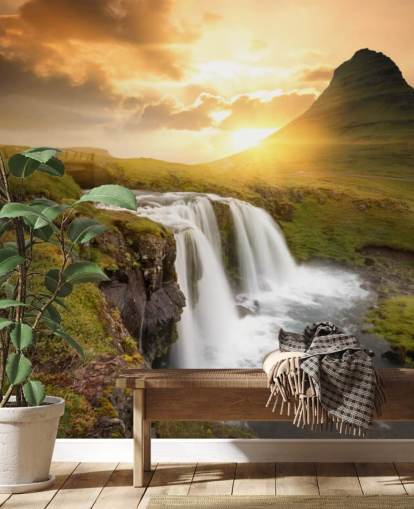 mural de papel pintado de cascada personalizable naranja y verde llamado Icelandic Waterfall Sunset para spas, dormitorios y baños