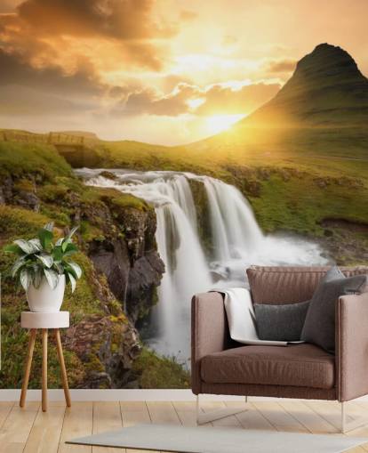 mural de papel pintado de cascada personalizable naranja y verde llamado Icelandic Waterfall Sunset para spas, dormitorios y baños