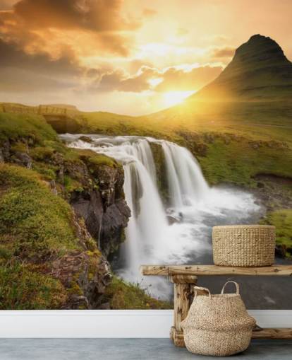 orange and green customizable waterfall wallpaper mural called Icelandic Waterfall Sunset for spas, bedrooms and bathrooms orange and green customizable waterfall wallpaper mural called Icelandic Waterfall Sunset for spas, bedrooms and bathrooms
