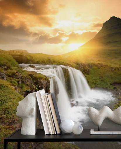 orange and green customizable waterfall wallpaper mural called Icelandic Waterfall Sunset for spas, bedrooms and bathrooms
