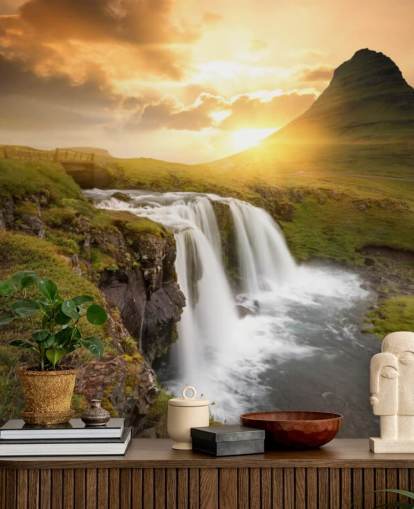mural de papel de parede de cachoeira personalizável em laranja e verde chamado Icelandic Waterfall Sunset para spas, quartos e banheiros