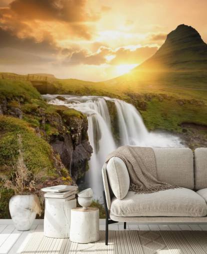 mural de papel de parede de cachoeira personalizável em laranja e verde chamado Icelandic Waterfall Sunset para spas, quartos e banheiros