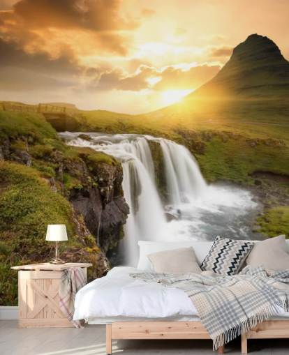oransje og grønn tilpassbar foss tapetmaleri kalt Icelandic Waterfall Sunset for spa, soverom og bad
