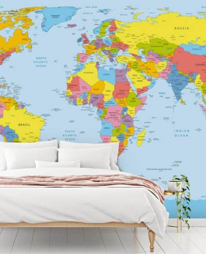colorido mural de papel pintado con un mapa del mundo personalizable llamado Colourful World Map para oficinas y dormitorios