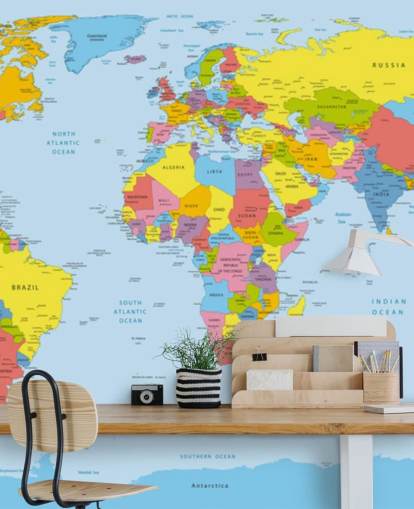colorido mural de papel pintado con un mapa del mundo personalizable llamado Colourful World Map para oficinas y dormitorios