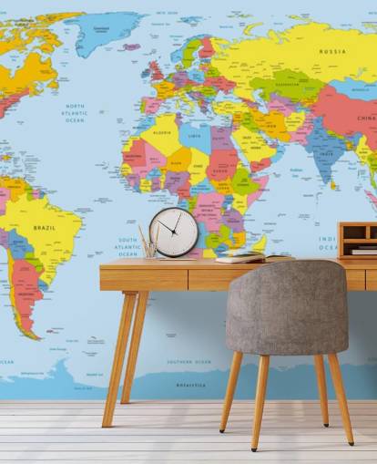 mural de papel de parede colorido e personalizável chamado Mapa Mundial colorido para escritórios e quartos