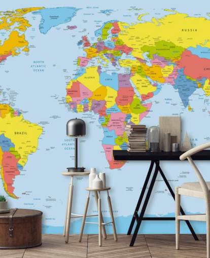 papier peint mural coloré de carte du monde personnalisable appelé Carte du monde colorée pour les bureaux et les chambres