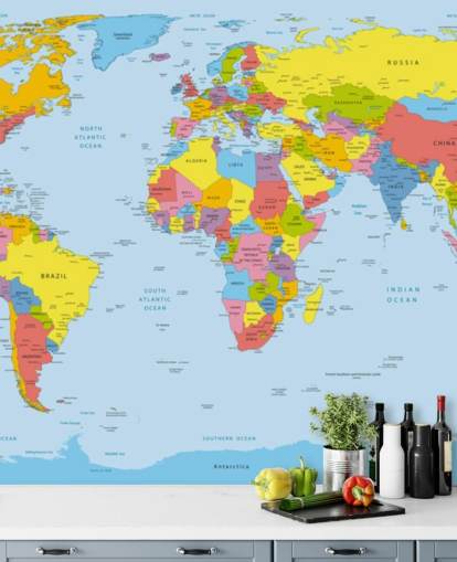 kleurrijke aanpasbare wereldkaart behangmuurschildering genaamd Colourful World Map voor kantoren en slaapkamers