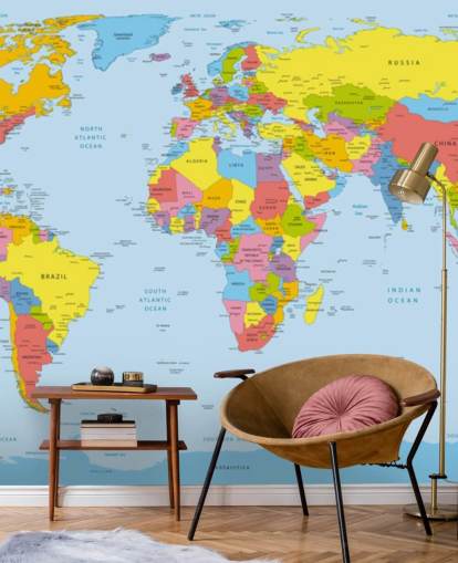 papier peint mural coloré de carte du monde personnalisable appelé Carte du monde colorée pour les bureaux et les chambres