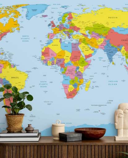 carta da parati murale colorata e personalizzabile con mappa del mondo chiamata Colourful World Map per uffici e camere da letto carta da parati murale colorata e personalizzabile con mappa del mondo chiamata Colourful World Map per uffici e camere da letto