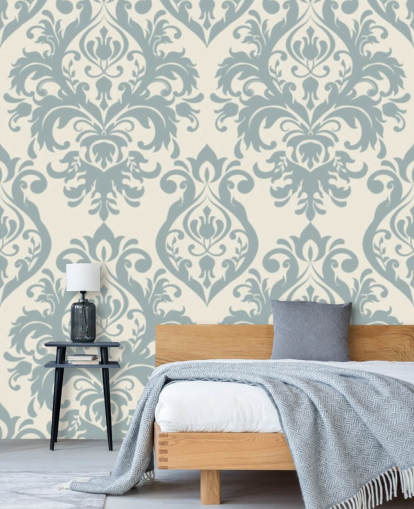 mural de papel pintado vintage blanco y azul llamado Grand Damask para salas de estar, dormitorios y pasillos