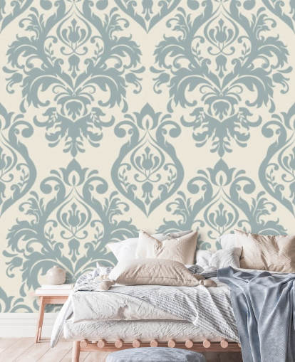 mural de papel pintado vintage blanco y azul llamado Grand Damask para salas de estar, dormitorios y pasillos