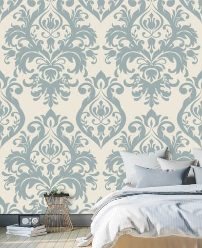 vit och blå vintage tapetväggmålning kallad Grand Damask för vardagsrum, sovrum och hallar vit och blå vintage tapetväggmålning kallad Grand Damask för vardagsrum, sovrum och hallar