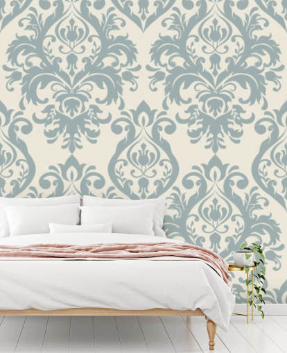 white and blue vintage wallpaper mural called Grand Damask for living rooms, bedrooms and hallways