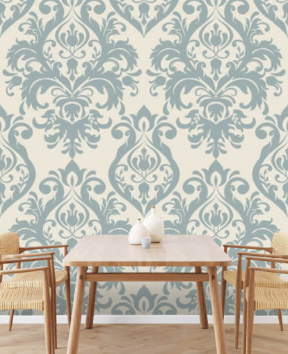 valkoinen ja sininen vintage-taustakuvamaalaus nimeltä Grand Damask olohuoneisiin, makuuhuoneisiin ja käytäviin valkoinen ja sininen vintage-taustakuvamaalaus nimeltä Grand Damask olohuoneisiin, makuuhuoneisiin ja käytäviin