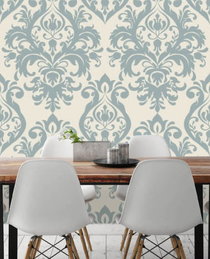 papier peint mural vintage blanc et bleu appelé Grand Damask pour les salons, les chambres et les couloirs