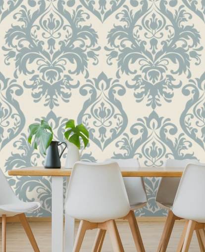 papier peint mural vintage blanc et bleu appelé Grand Damask pour les salons, les chambres et les couloirs