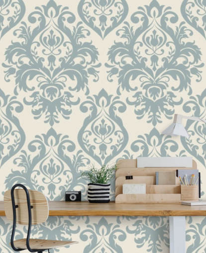 hvid og blå vintage tapet vægmaleri kaldet Grand Damask til stuer, soveværelser og gange hvid og blå vintage tapet vægmaleri kaldet Grand Damask til stuer, soveværelser og gange