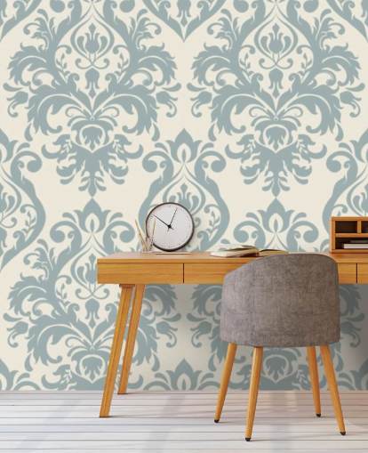 carta da parati murale vintage bianca e blu chiamata Grand Damask per salotti, camere da letto e corridoi carta da parati murale vintage bianca e blu chiamata Grand Damask per salotti, camere da letto e corridoi