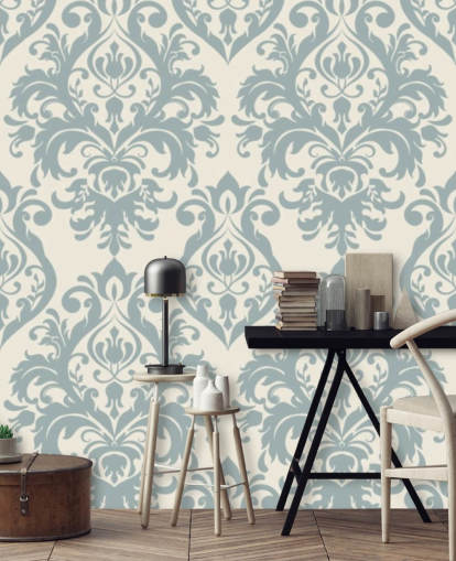 mural de papel pintado vintage blanco y azul llamado Grand Damask para salas de estar, dormitorios y pasillos