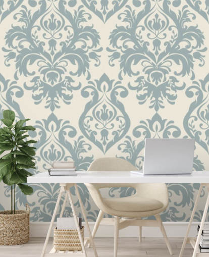 hvid og blå vintage tapet vægmaleri kaldet Grand Damask til stuer, soveværelser og gange