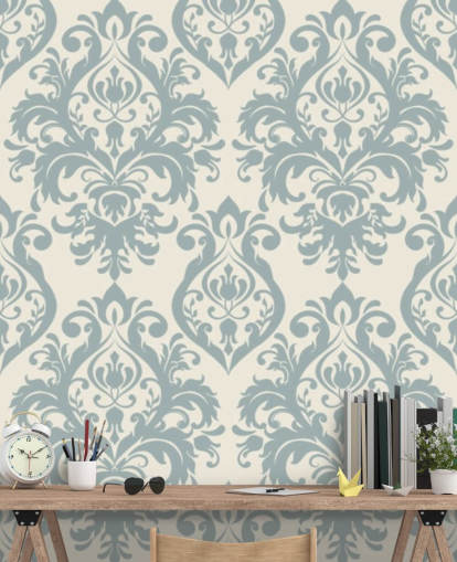 weiße und blaue Vintage-Tapete namens Grand Damask für Wohnzimmer, Schlafzimmer und Flure weiße und blaue Vintage-Tapete namens Grand Damask für Wohnzimmer, Schlafzimmer und Flure