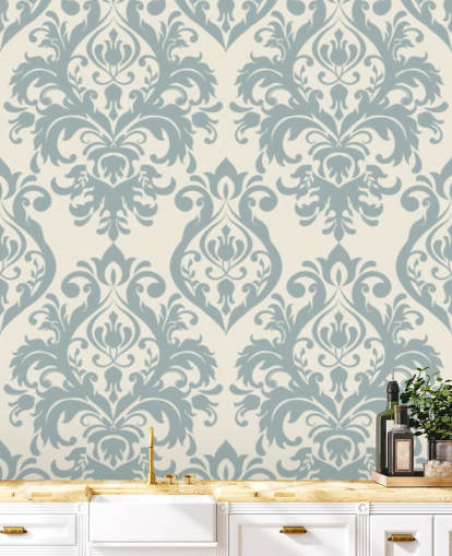 papier peint mural vintage blanc et bleu appelé Grand Damask pour les salons, les chambres et les couloirs