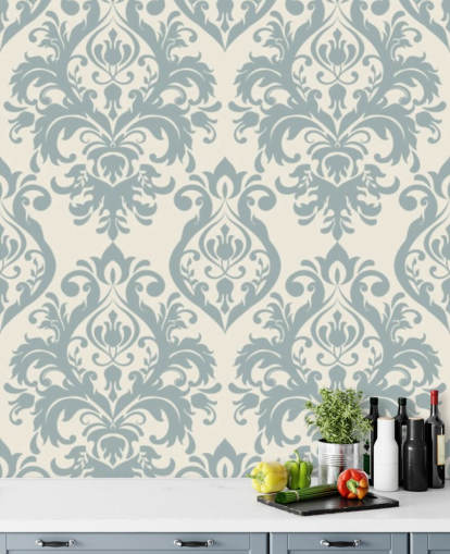 white and blue vintage wallpaper mural called Grand Damask for living rooms, bedrooms and hallways white and blue vintage wallpaper mural called Grand Damask for living rooms, bedrooms and hallways