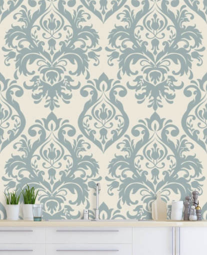 mural de papel pintado vintage blanco y azul llamado Grand Damask para salas de estar, dormitorios y pasillos