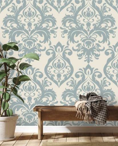 papier peint mural vintage blanc et bleu appelé Grand Damask pour les salons, les chambres et les couloirs