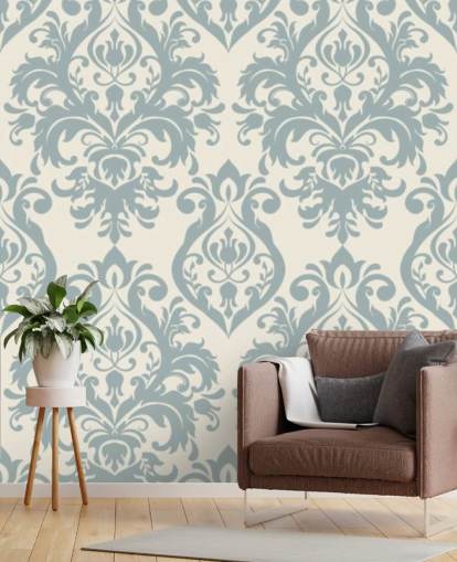 white and blue vintage wallpaper mural called Grand Damask for living rooms, bedrooms and hallways