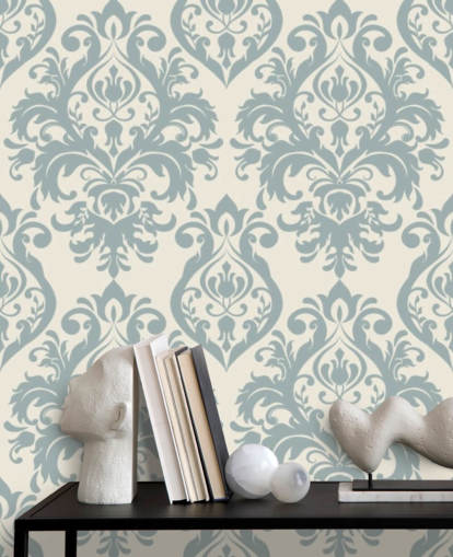 weiße und blaue Vintage-Tapete namens Grand Damask für Wohnzimmer, Schlafzimmer und Flure weiße und blaue Vintage-Tapete namens Grand Damask für Wohnzimmer, Schlafzimmer und Flure