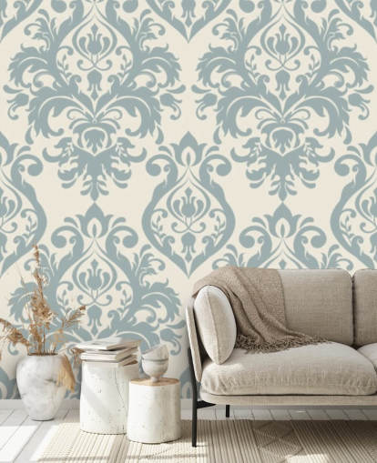 white and blue vintage wallpaper mural called Grand Damask for living rooms, bedrooms and hallways
