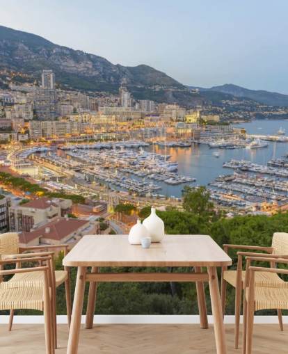 carta da parati murale personalizzabile al tramonto francese chiamata Monaco Sunset Ariel View per casa, uffici, camere da letto e altro
