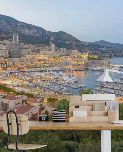 fransk solnedgang tilpassbart tapetmaleri kalt Monaco Sunset Ariel View for hjemmekontorer, soverom og mer