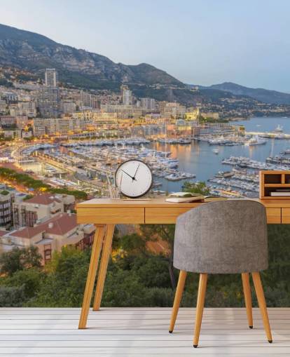 mural de papel pintado personalizable de puesta de sol francesa llamado Monaco Sunset Ariel View para el hogar, oficinas, dormitorios y más mural de papel pintado personalizable de puesta de sol francesa llamado Monaco Sunset Ariel View para el hogar, oficinas, dormitorios y más