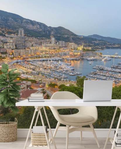 Franse zonsondergang aanpasbare behangmuurschildering genaamd Monaco Sunset Ariel View voor thuis, kantoren, slaapkamers en meer Franse zonsondergang aanpasbare behangmuurschildering genaamd Monaco Sunset Ariel View voor thuis, kantoren, slaapkamers en meer