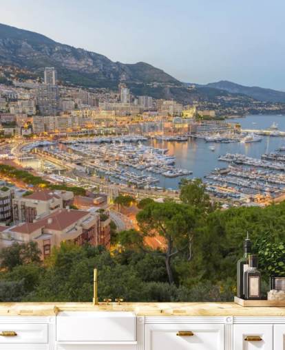 fransk solnedgang tilpassbart tapetmaleri kaldet Monaco Sunset Ariel View til hjemmekontorer, soveværelser og mere