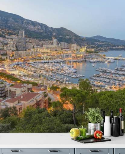 fransk solnedgång anpassningsbar tapetväggmålning som heter Monaco Sunset Ariel View för hemmakontor, sovrum och mer